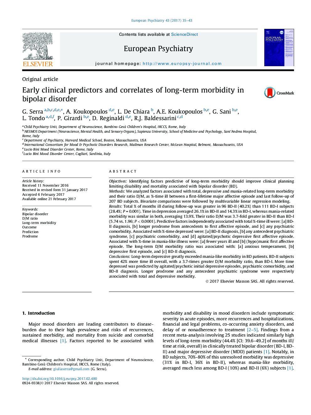 Original articleEarly clinical predictors and correlates of long-term morbidity in bipolar disorder