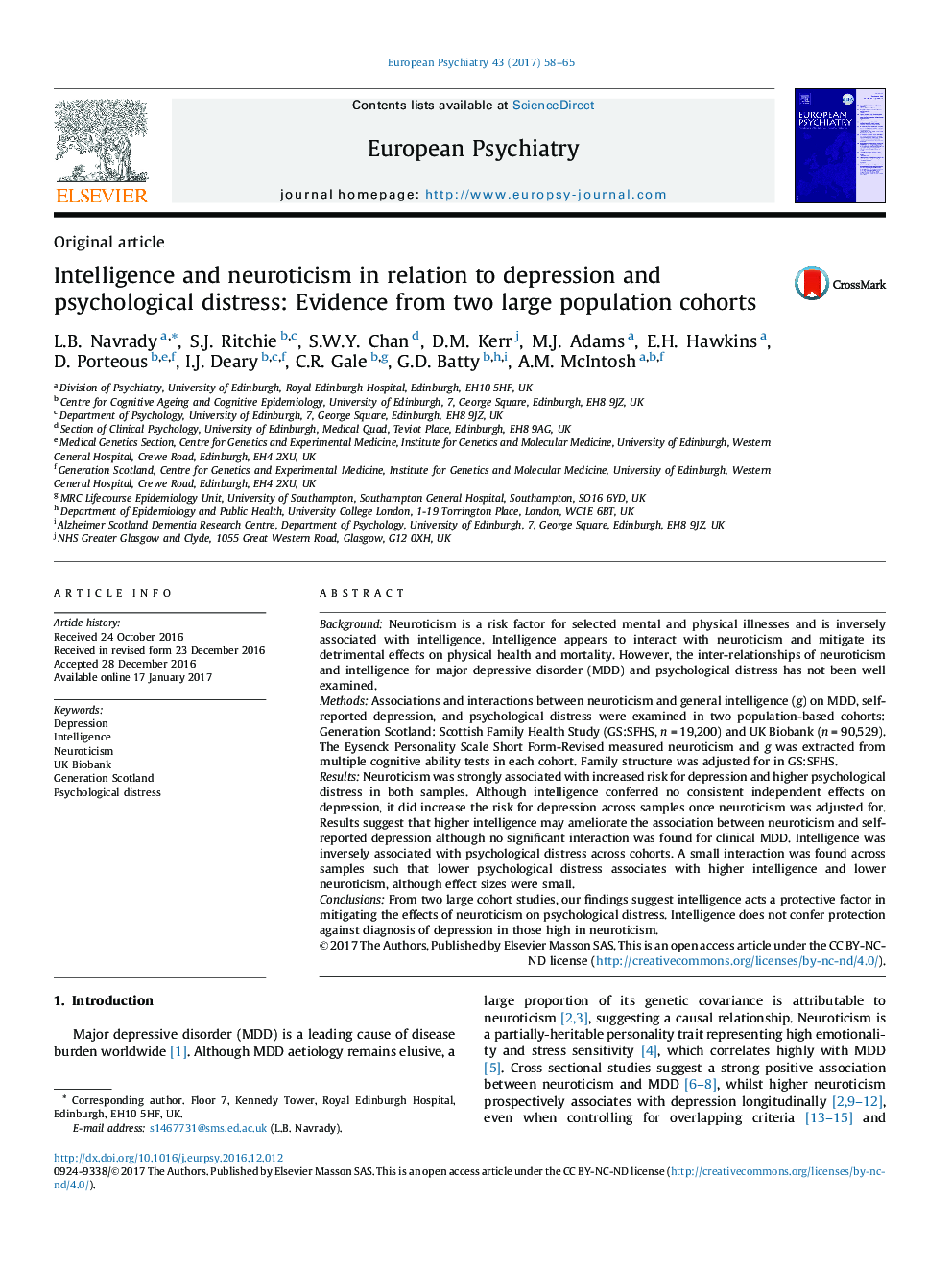 Original articleIntelligence and neuroticism in relation to depression and psychological distress: Evidence from two large population cohorts