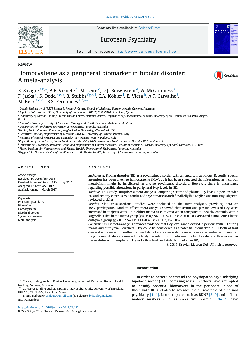 ReviewHomocysteine as a peripheral biomarker in bipolar disorder: A meta-analysis