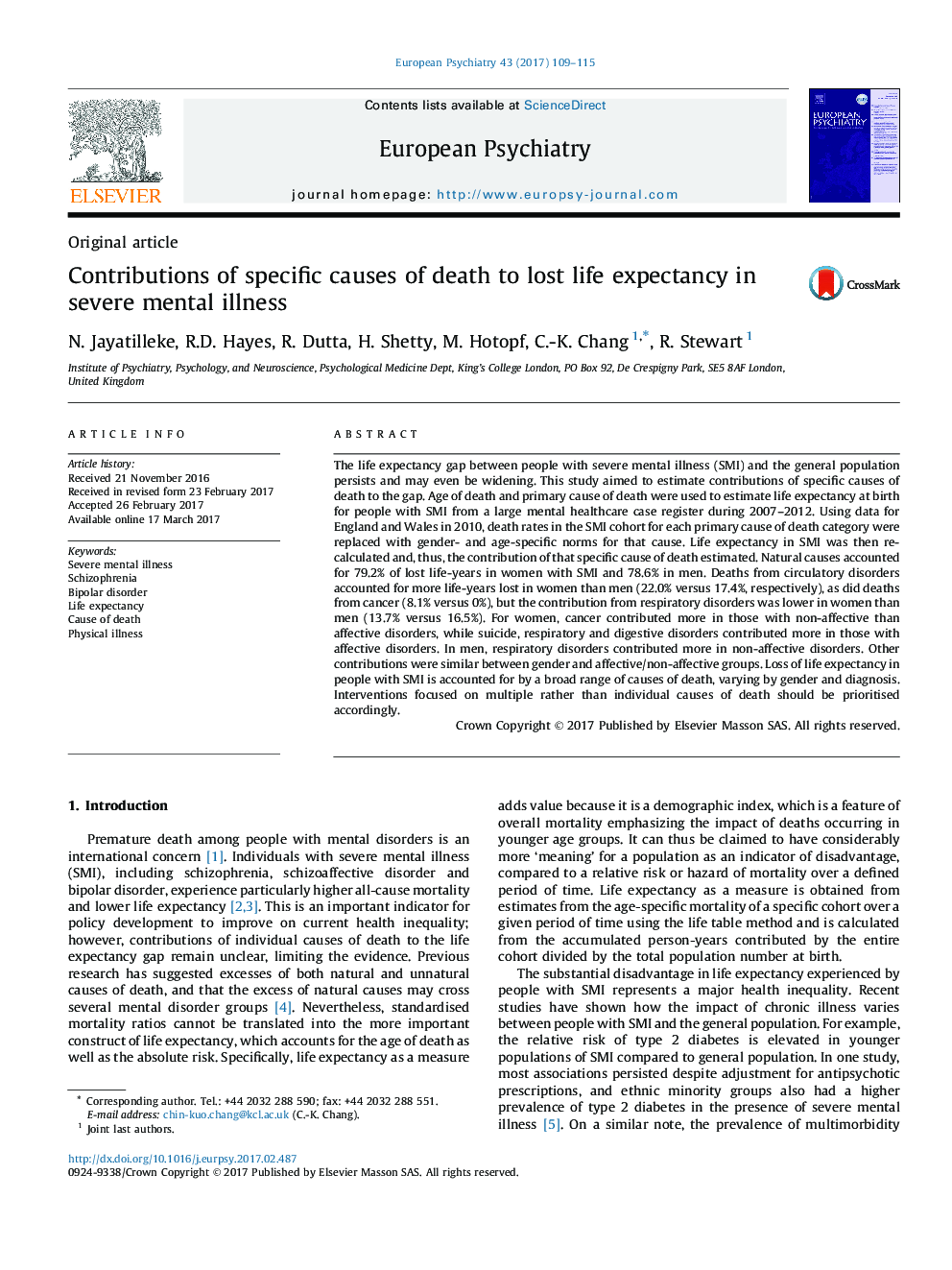 Original articleContributions of specific causes of death to lost life expectancy in severe mental illness