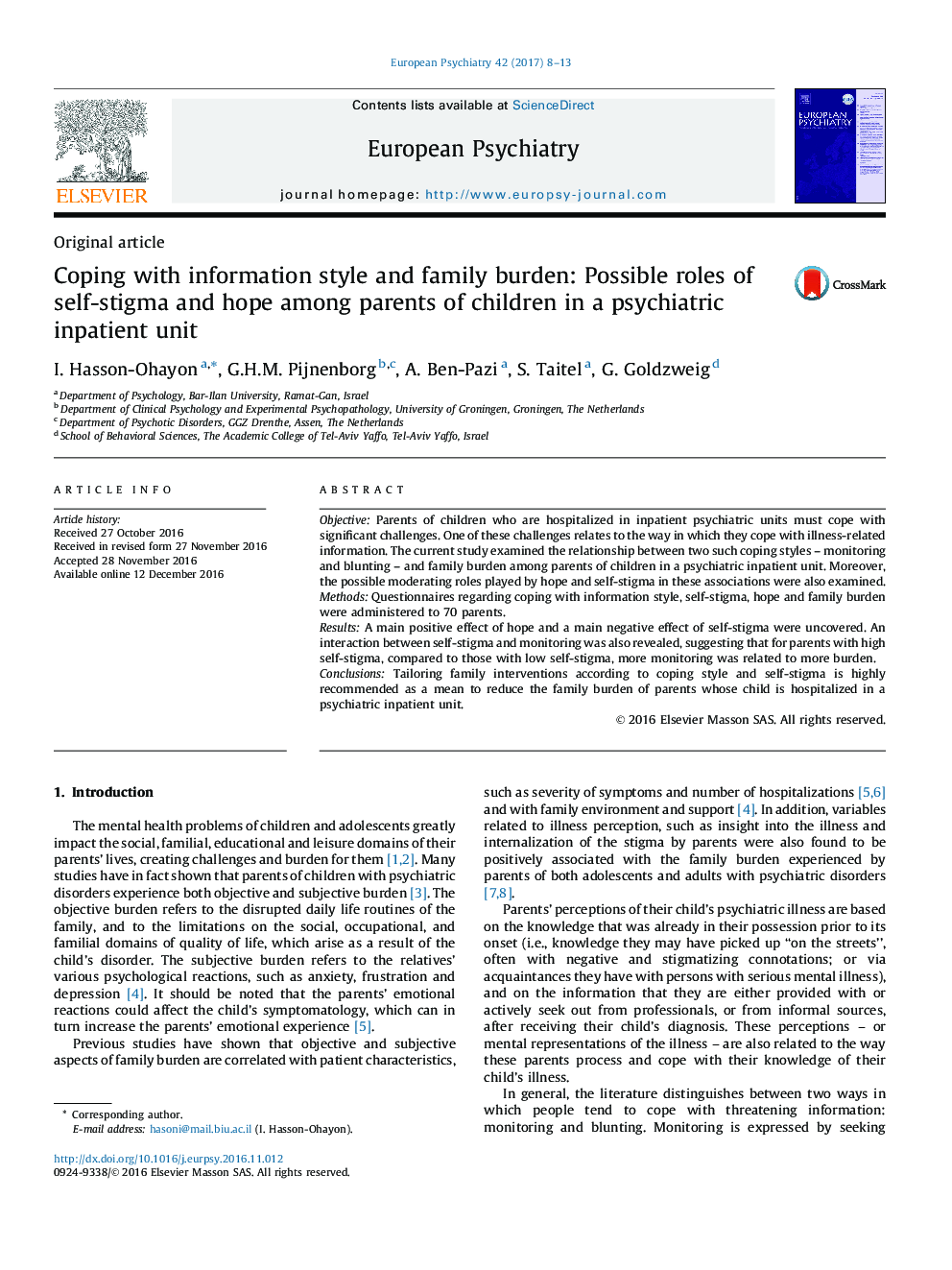 Original articleCoping with information style and family burden: Possible roles of self-stigma and hope among parents of children in a psychiatric inpatient unit