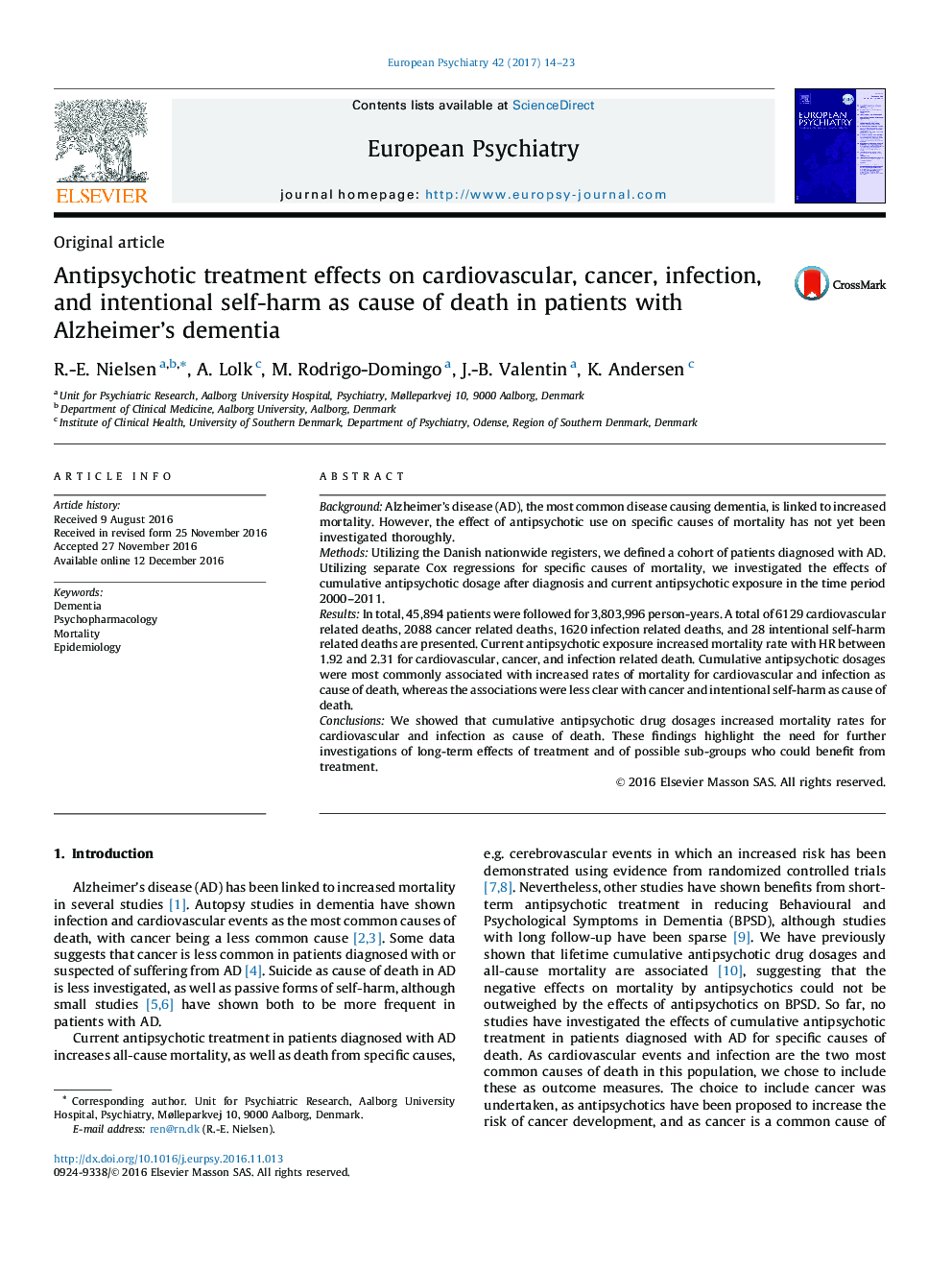 Original articleAntipsychotic treatment effects on cardiovascular, cancer, infection, and intentional self-harm as cause of death in patients with Alzheimer's dementia