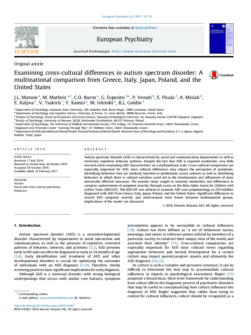 Original articleExamining cross-cultural differences in autism spectrum disorder: A multinational comparison from Greece, Italy, Japan, Poland, and the United States