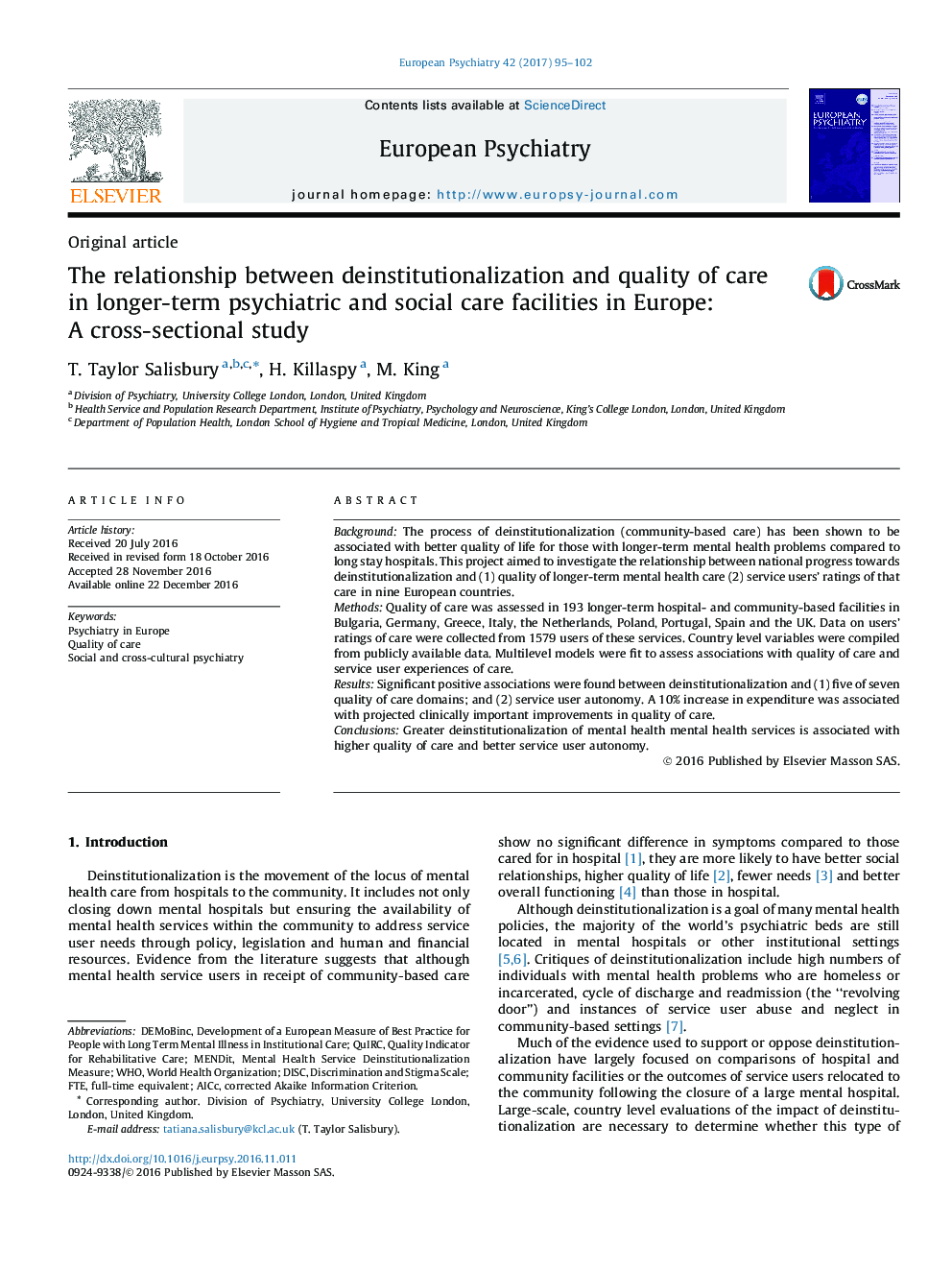 مقاله پژوهشی رابطه بین عدم سازگاری و کیفیت مراقبت در مراکز درمانی روانپزشکی و مراقبت های اجتماعی در اروپا: یک مطالعه مقطعی 
