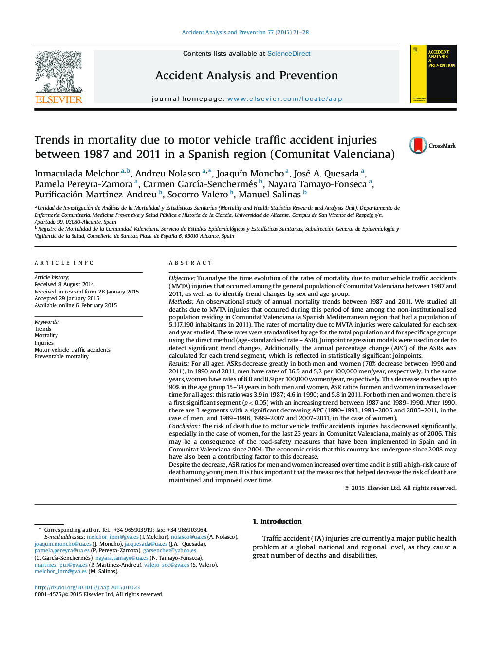 Trends in mortality due to motor vehicle traffic accident injuries between 1987 and 2011 in a Spanish region (Comunitat Valenciana)