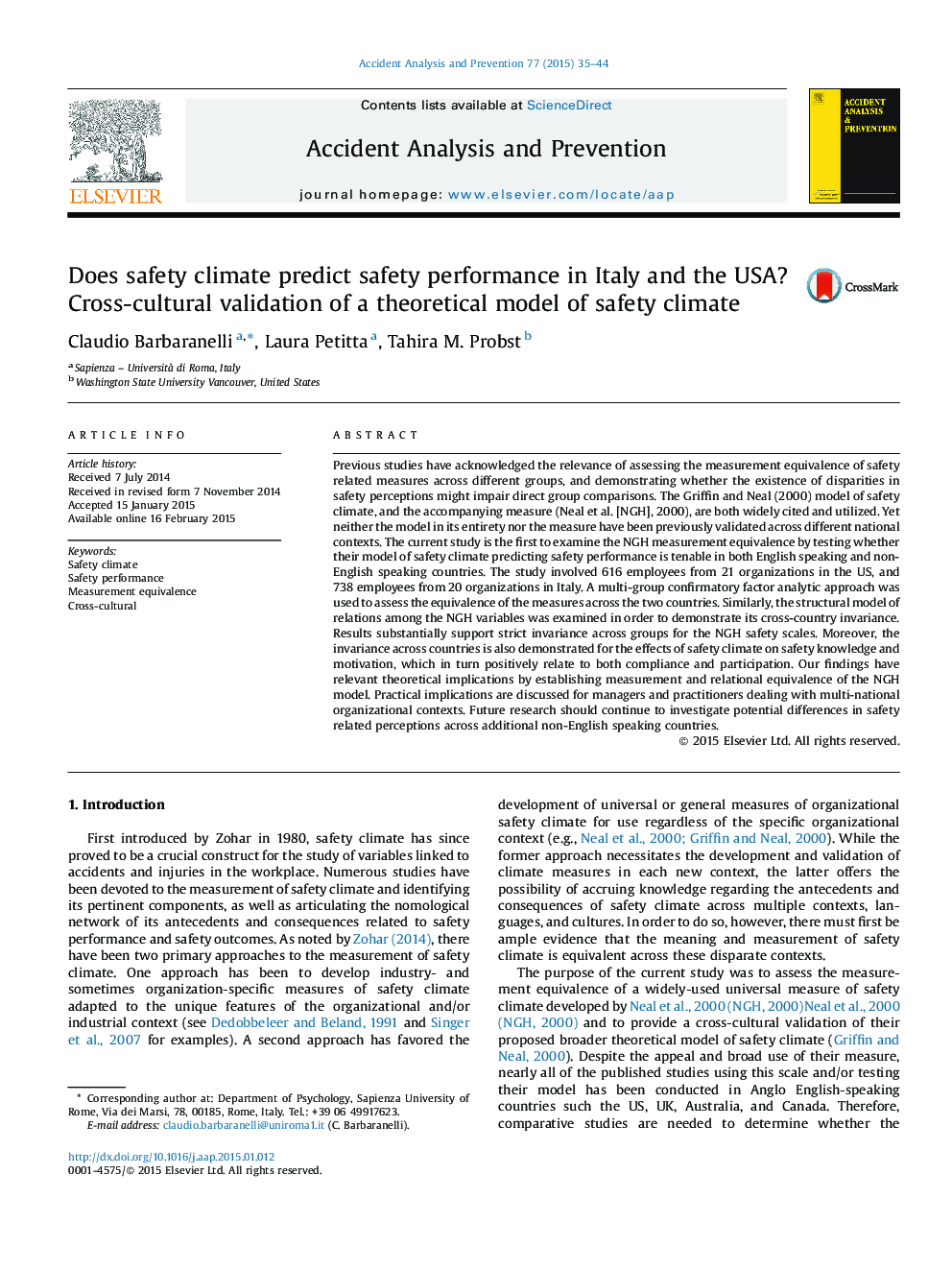 Does safety climate predict safety performance in Italy and the USA? Cross-cultural validation of a theoretical model of safety climate