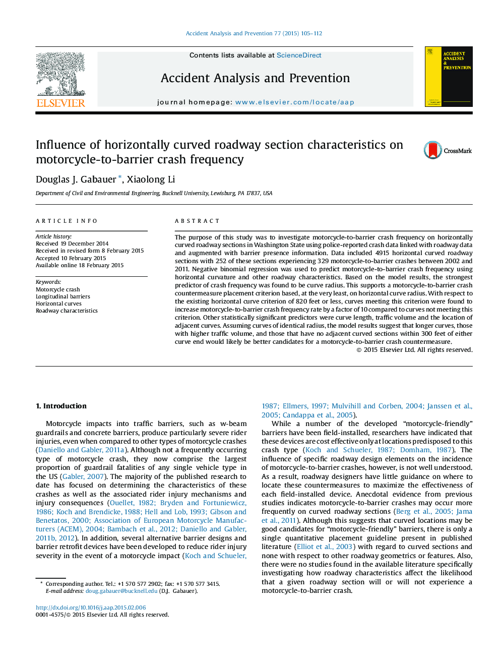 Influence of horizontally curved roadway section characteristics on motorcycle-to-barrier crash frequency