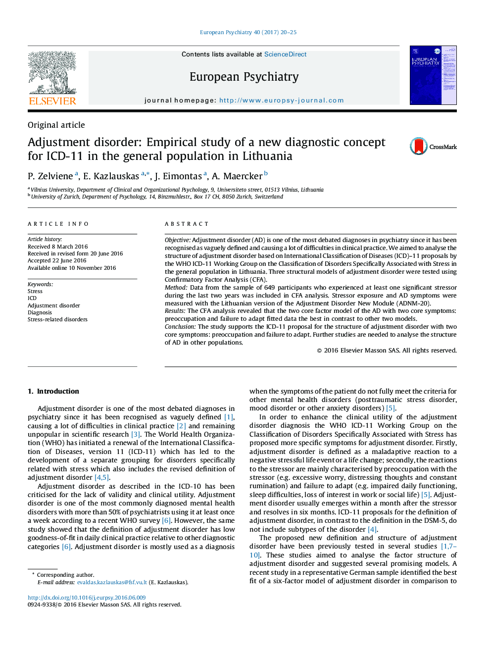 Original articleAdjustment disorder: Empirical study of a new diagnostic concept for ICD-11 in the general population in Lithuania