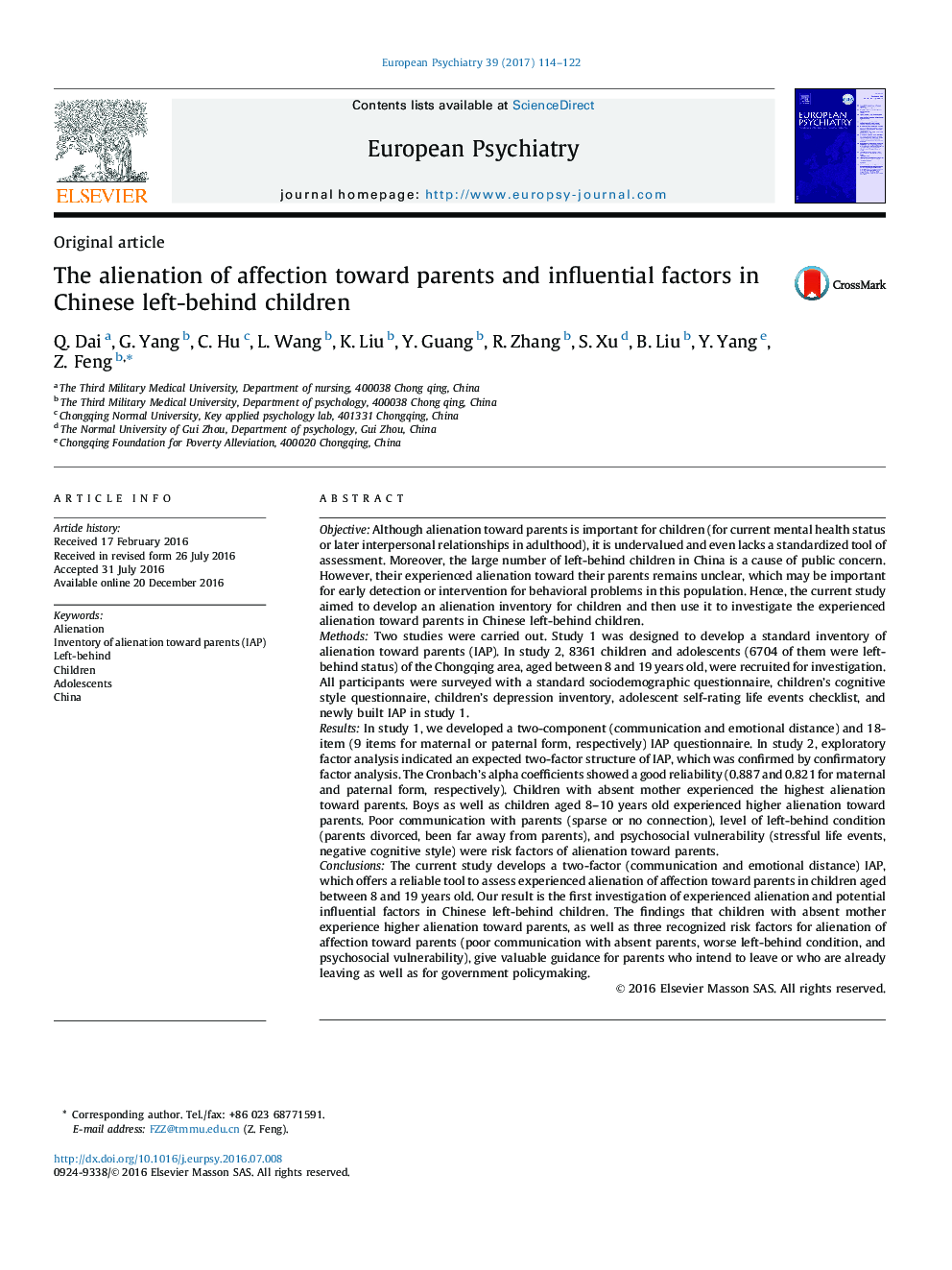 Original articleThe alienation of affection toward parents and influential factors in Chinese left-behind children