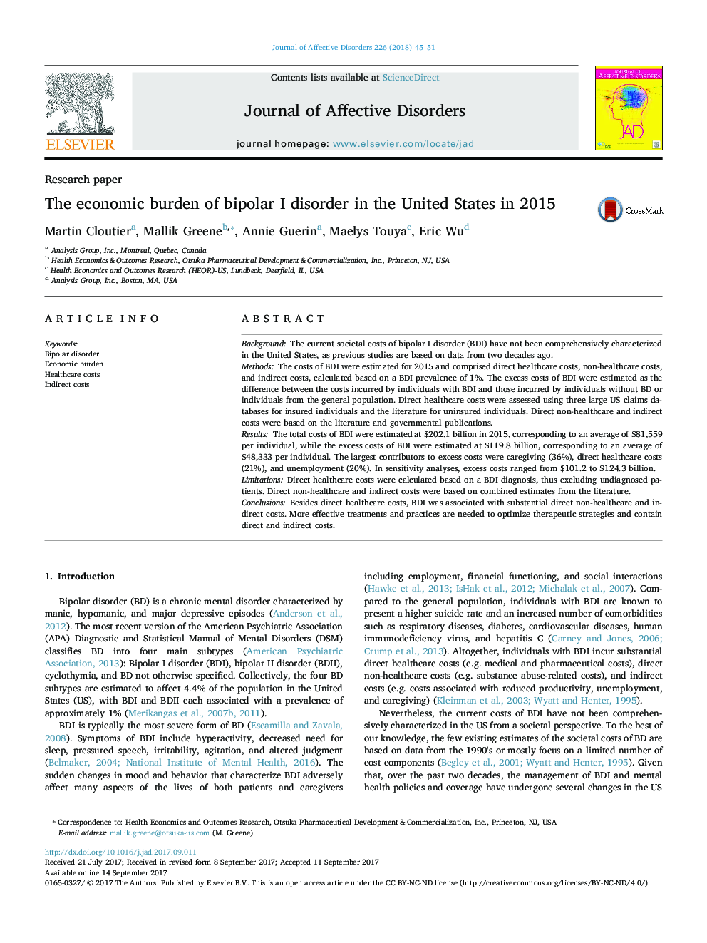 Research paperThe economic burden of bipolar I disorder in the United States in 2015