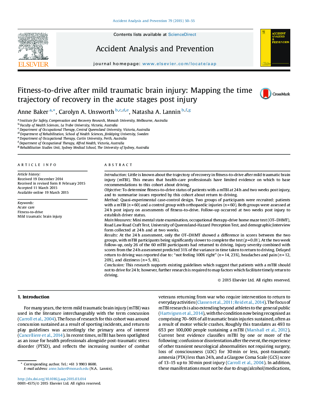 Fitness-to-drive after mild traumatic brain injury: Mapping the time trajectory of recovery in the acute stages post injury