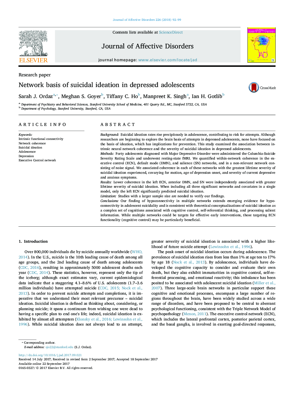 Research paperNetwork basis of suicidal ideation in depressed adolescents