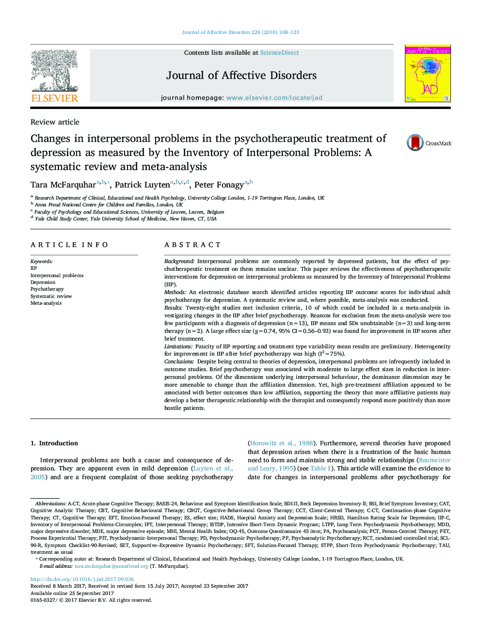 Review articleChanges in interpersonal problems in the psychotherapeutic treatment of depression as measured by the Inventory of Interpersonal Problems: A systematic review and meta-analysis