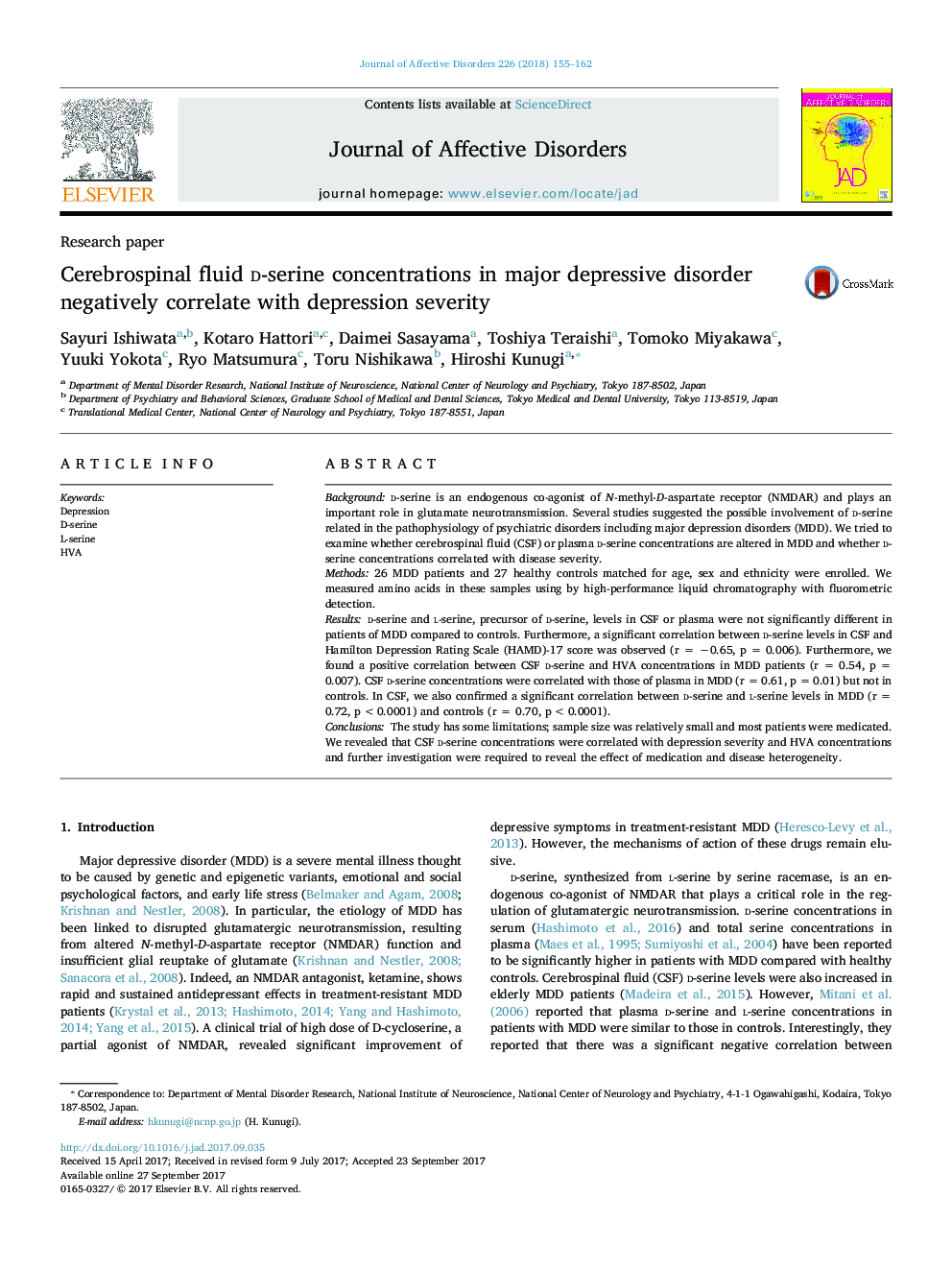 Research paperCerebrospinal fluid D-serine concentrations in major depressive disorder negatively correlate with depression severity