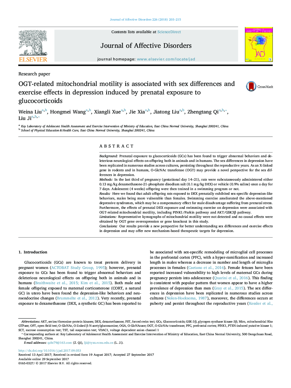 Research paperOGT-related mitochondrial motility is associated with sex differences and exercise effects in depression induced by prenatal exposure to glucocorticoids