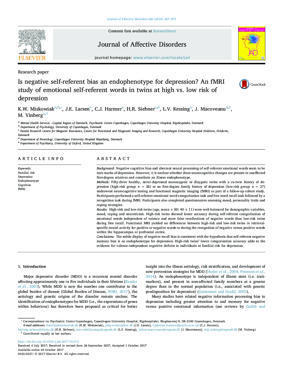 Research paperIs negative self-referent bias an endophenotype for depression? An fMRI study of emotional self-referent words in twins at high vs. low risk of depression