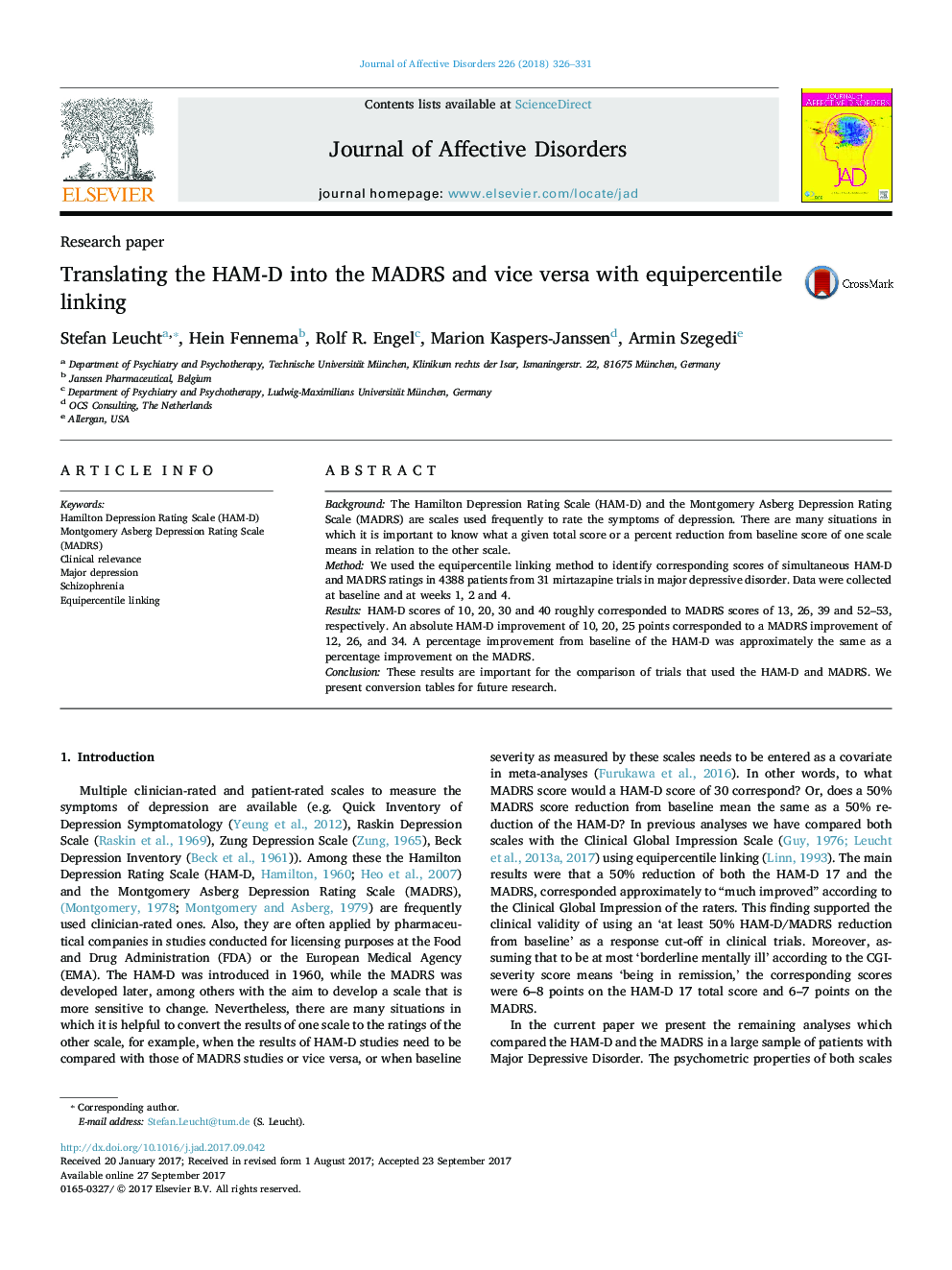 Research paperTranslating the HAM-D into the MADRS and vice versa with equipercentile linking