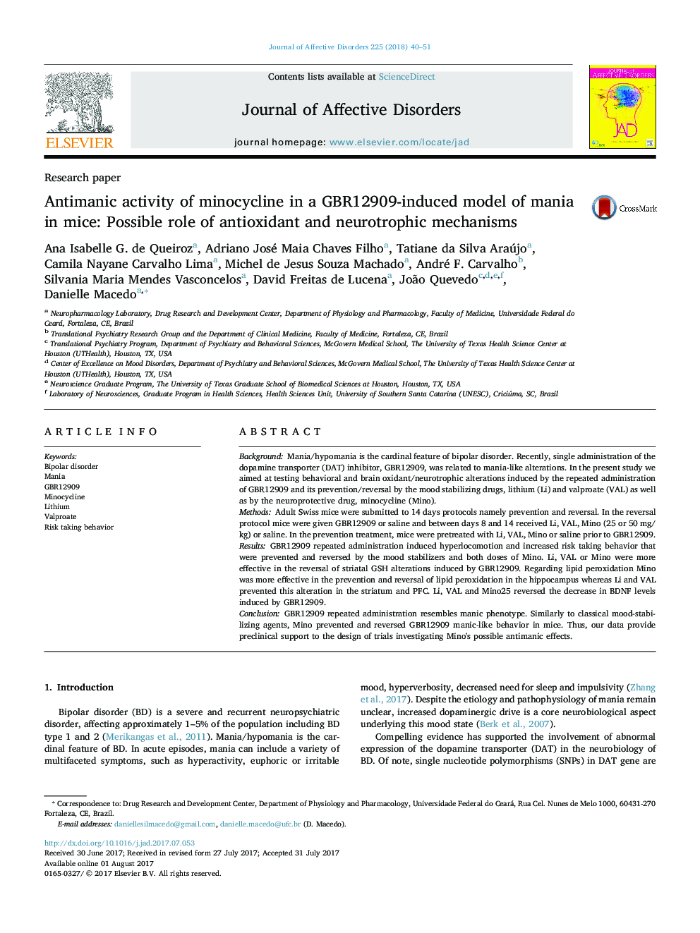 Research paperAntimanic activity of minocycline in a GBR12909-induced model of mania in mice: Possible role of antioxidant and neurotrophic mechanisms