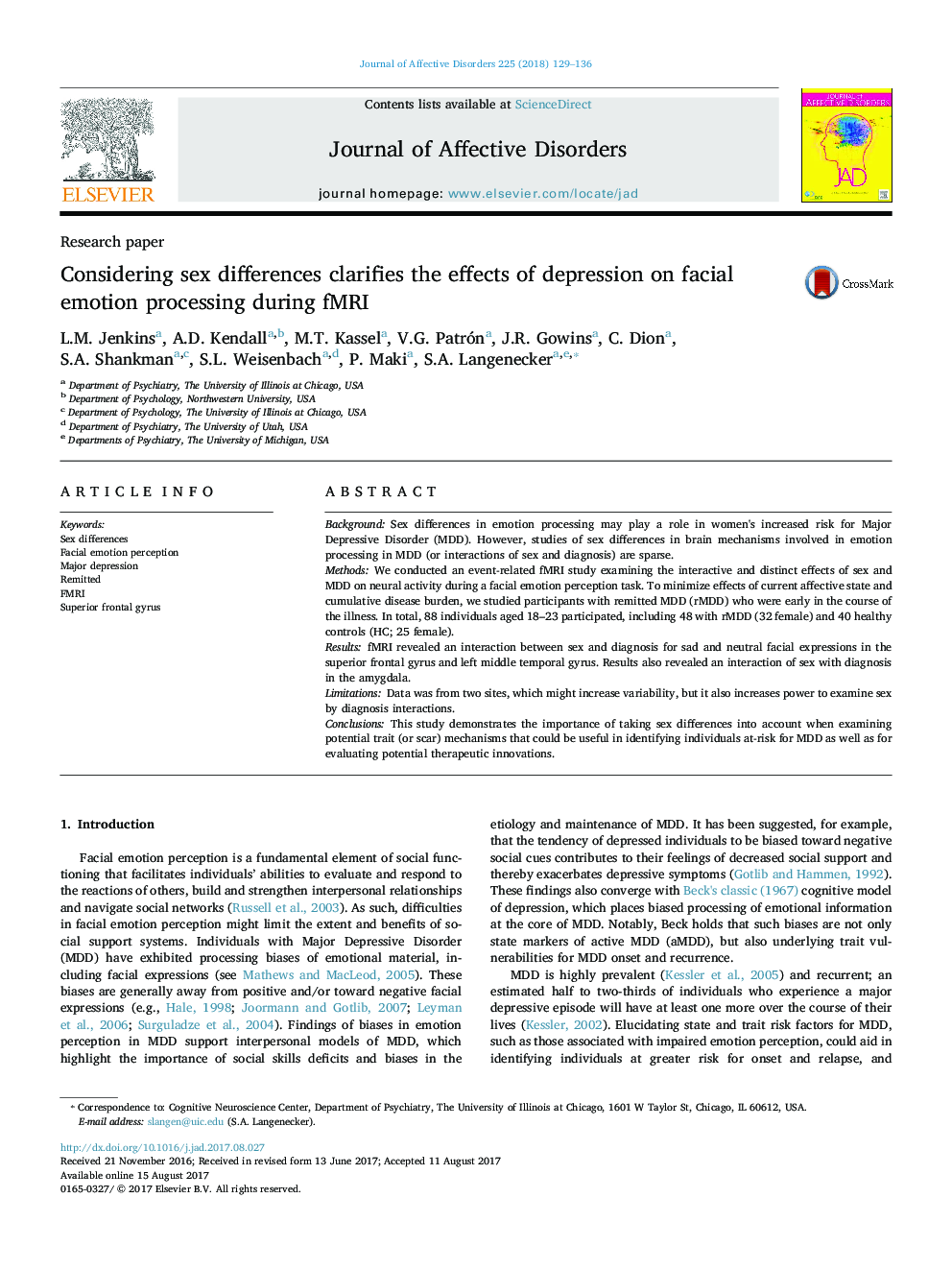 Research paperConsidering sex differences clarifies the effects of depression on facial emotion processing during fMRI