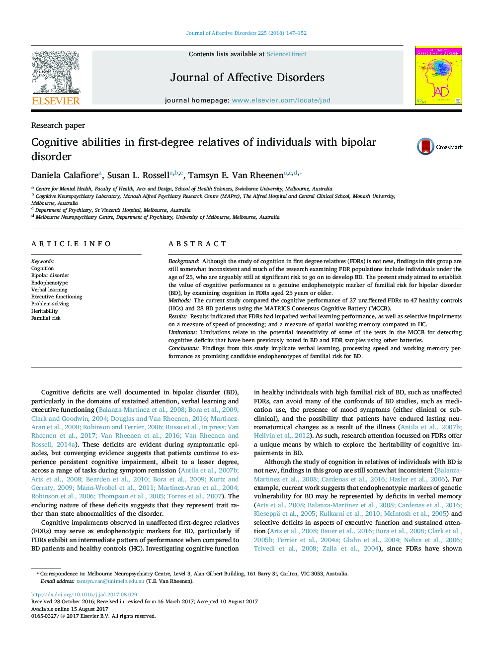 Research paperCognitive abilities in first-degree relatives of individuals with bipolar disorder