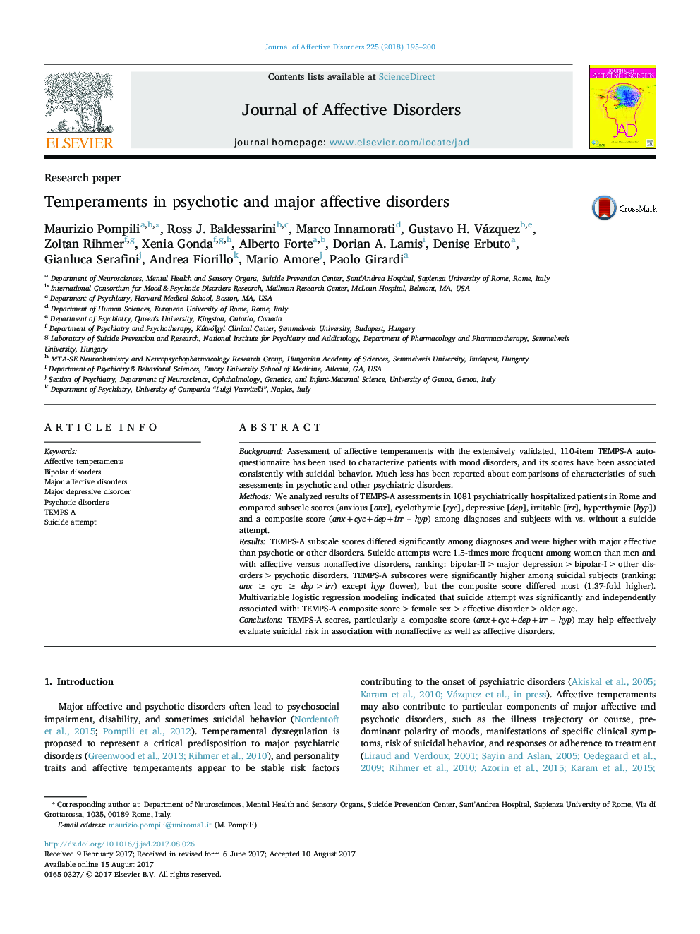 Research paperTemperaments in psychotic and major affective disorders