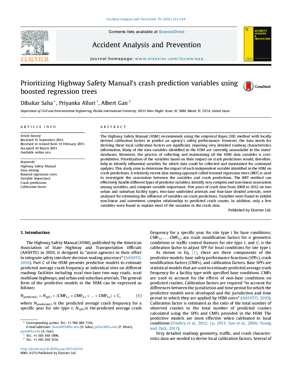 Prioritizing Highway Safety Manual's crash prediction variables using boosted regression trees