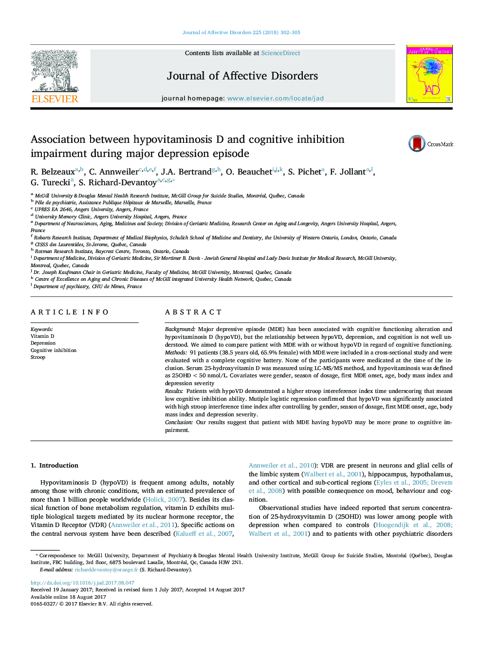 Association between hypovitaminosis D and cognitive inhibition impairment during major depression episode