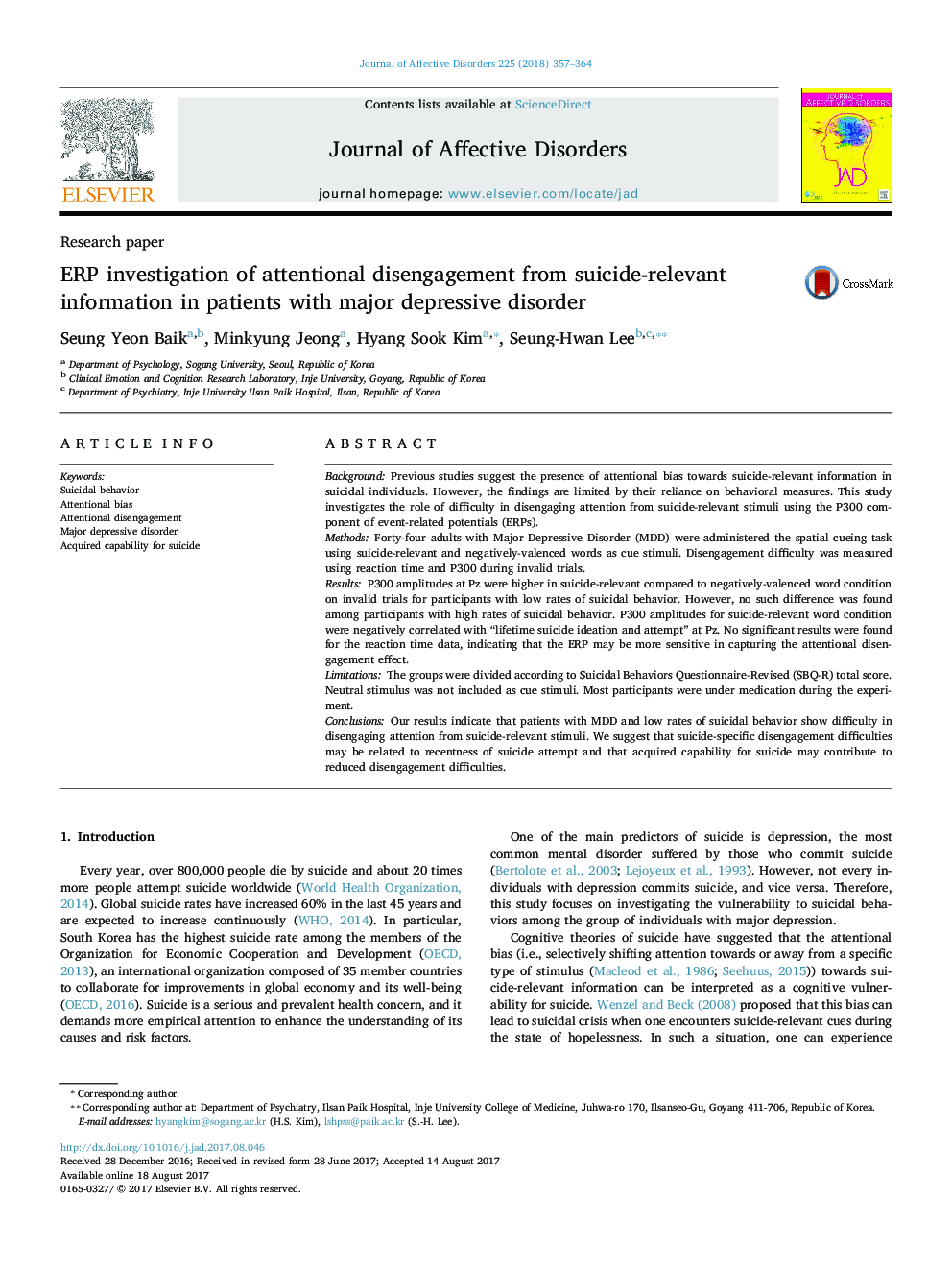 Research paperERP investigation of attentional disengagement from suicide-relevant information in patients with major depressive disorder