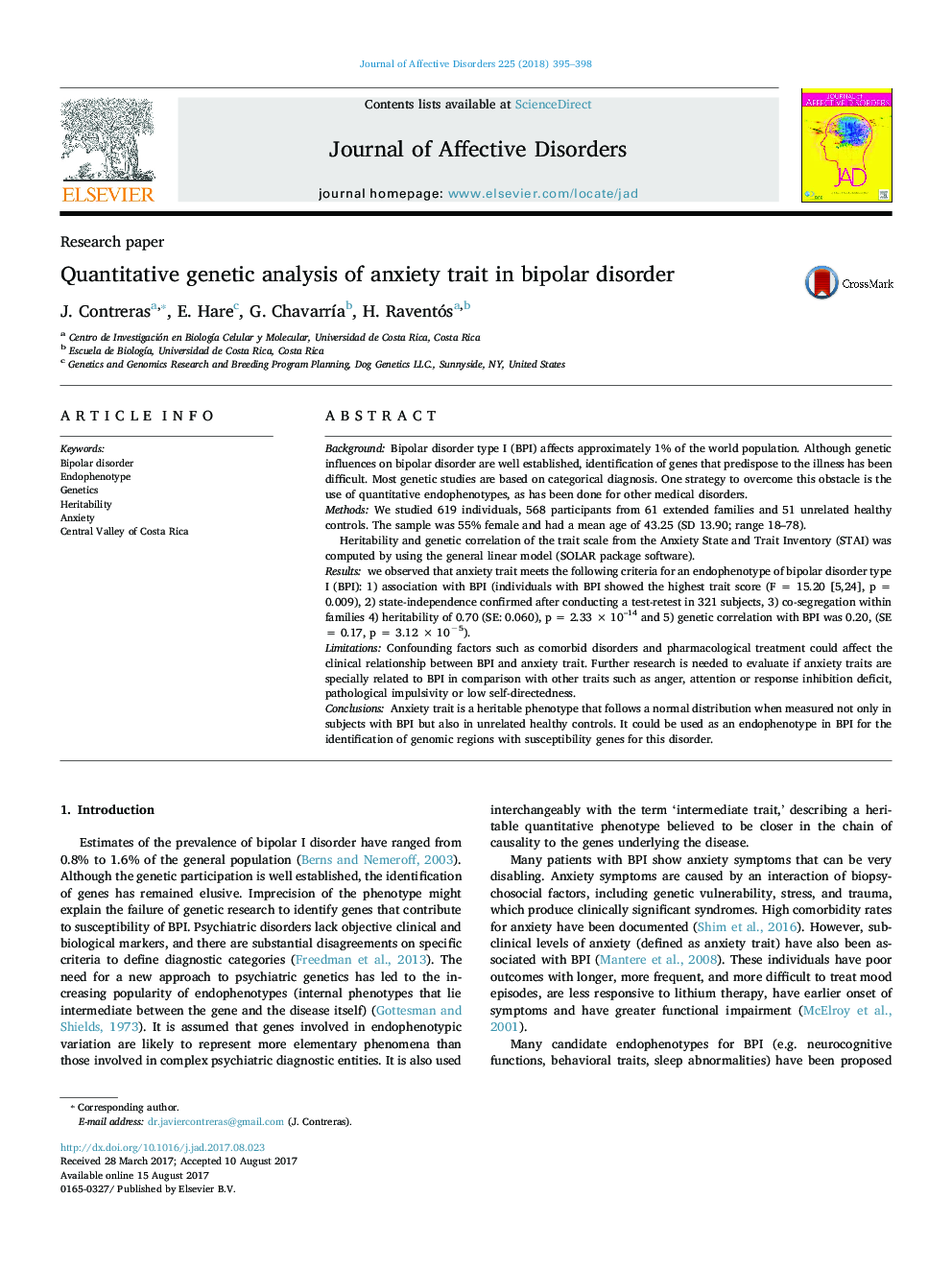 Research paperQuantitative genetic analysis of anxiety trait in bipolar disorder