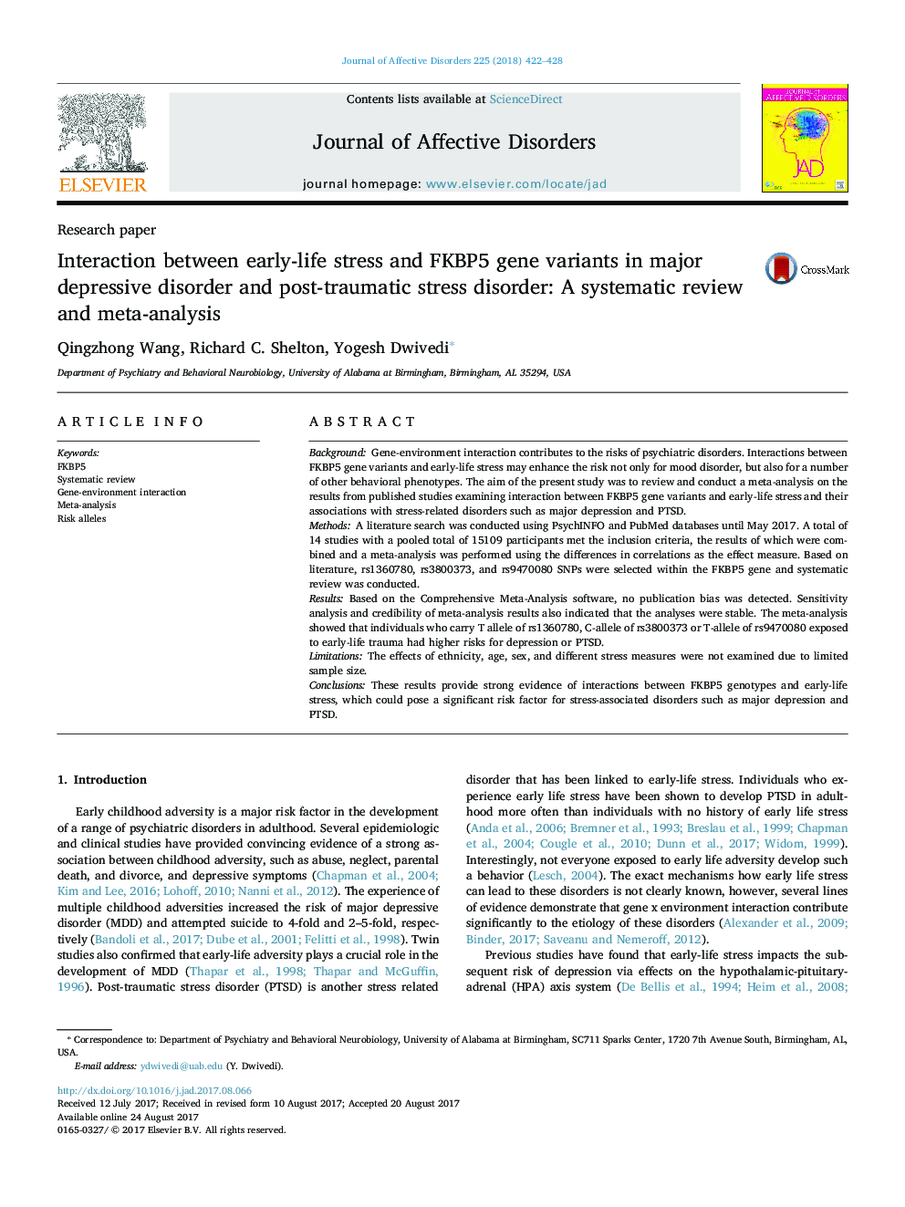 Research paperInteraction between early-life stress and FKBP5 gene variants in major depressive disorder and post-traumatic stress disorder: A systematic review and meta-analysis