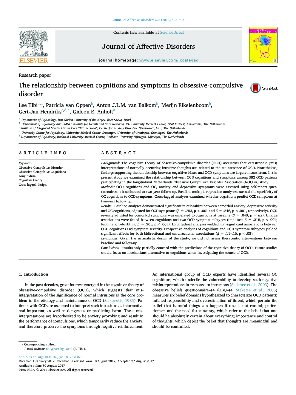 Research paperThe relationship between cognitions and symptoms in obsessive-compulsive disorder