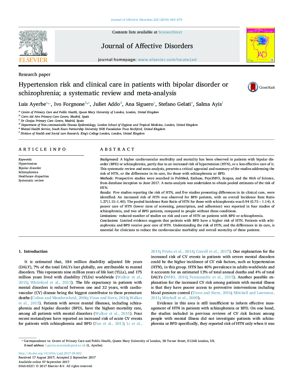 Research paperHypertension risk and clinical care in patients with bipolar disorder or schizophrenia; a systematic review and meta-analysis