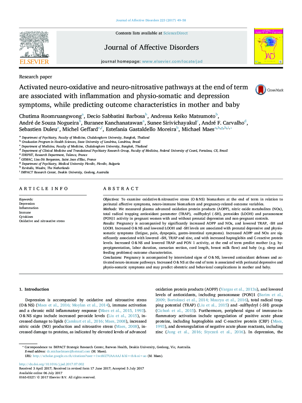 Research paperActivated neuro-oxidative and neuro-nitrosative pathways at the end of term are associated with inflammation and physio-somatic and depression symptoms, while predicting outcome characteristics in mother and baby