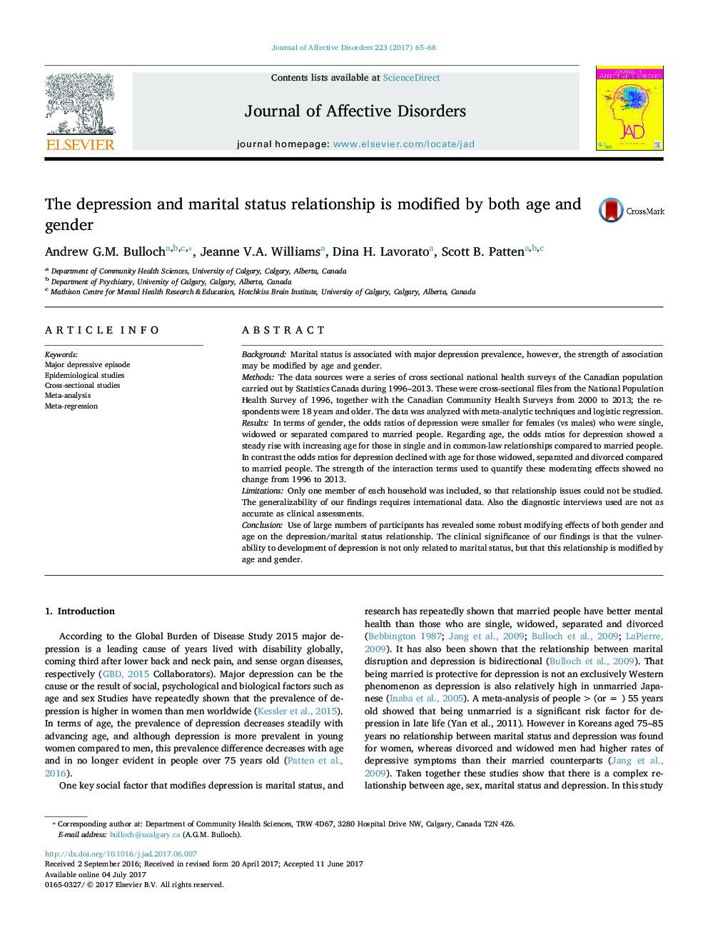 The depression and marital status relationship is modified by both age and gender