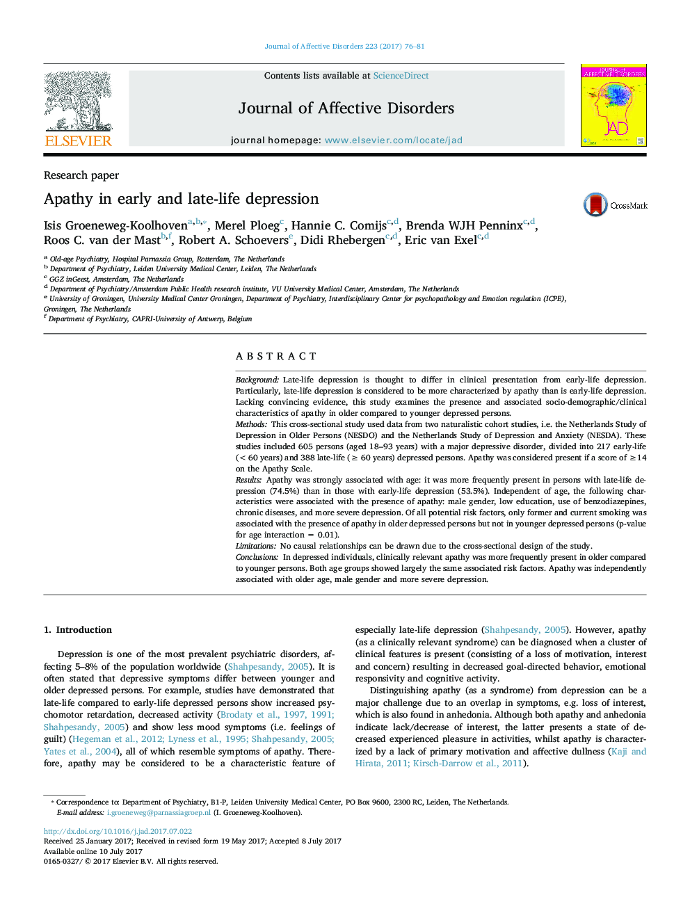 Research paperApathy in early and late-life depression