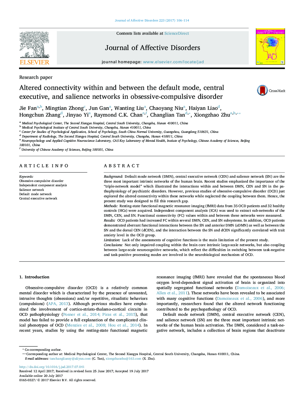 Research paperAltered connectivity within and between the default mode, central executive, and salience networks in obsessive-compulsive disorder