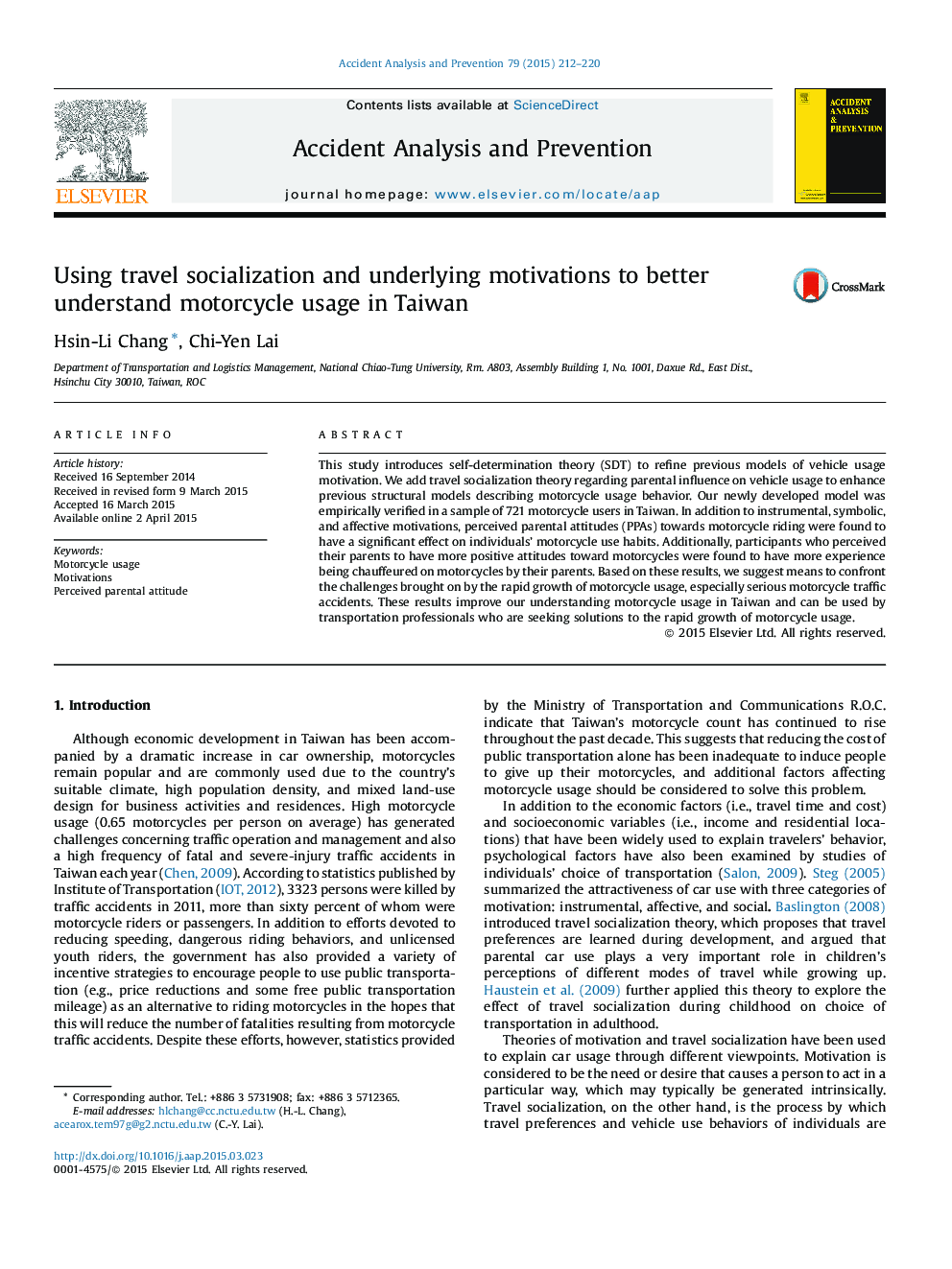 Using travel socialization and underlying motivations to better understand motorcycle usage in Taiwan