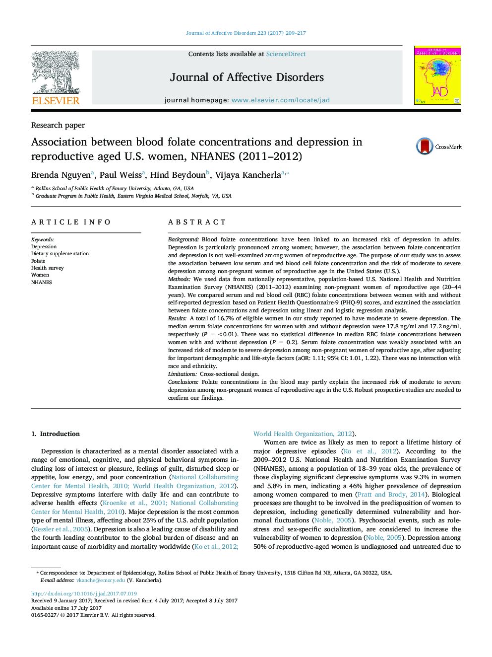 Research paperAssociation between blood folate concentrations and depression in reproductive aged U.S. women, NHANES (2011-2012)