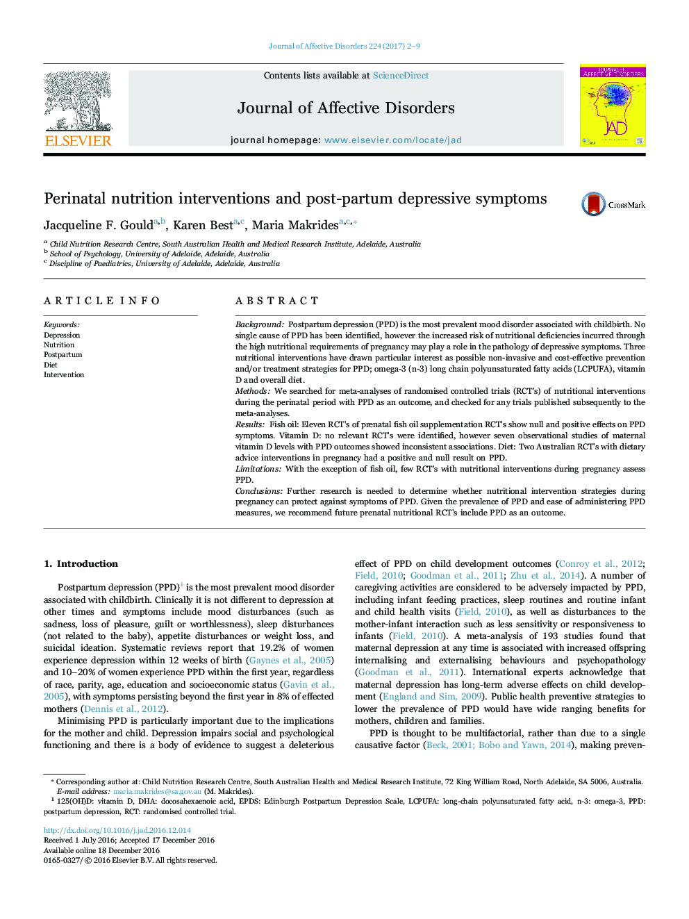 Perinatal nutrition interventions and post-partum depressive symptoms