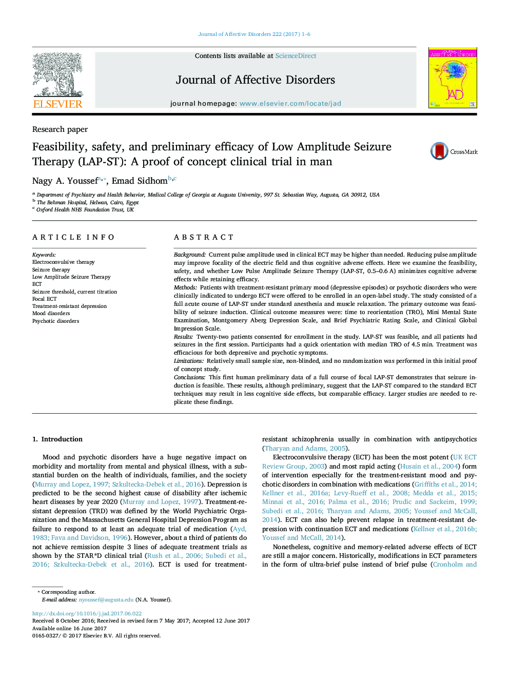 Research paperFeasibility, safety, and preliminary efficacy of Low Amplitude Seizure Therapy (LAP-ST): A proof of concept clinical trial in man