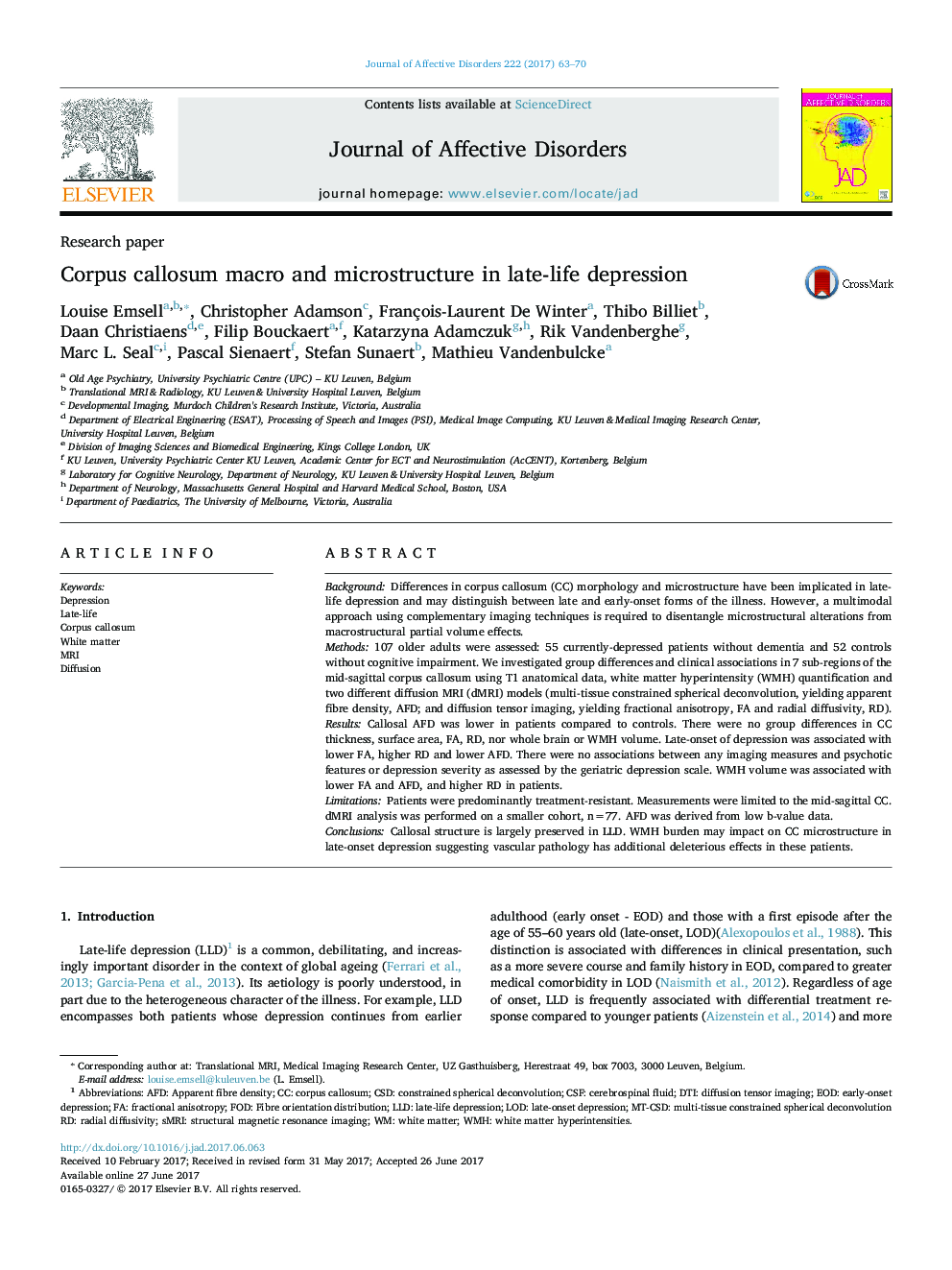 Research paperCorpus callosum macro and microstructure in late-life depression