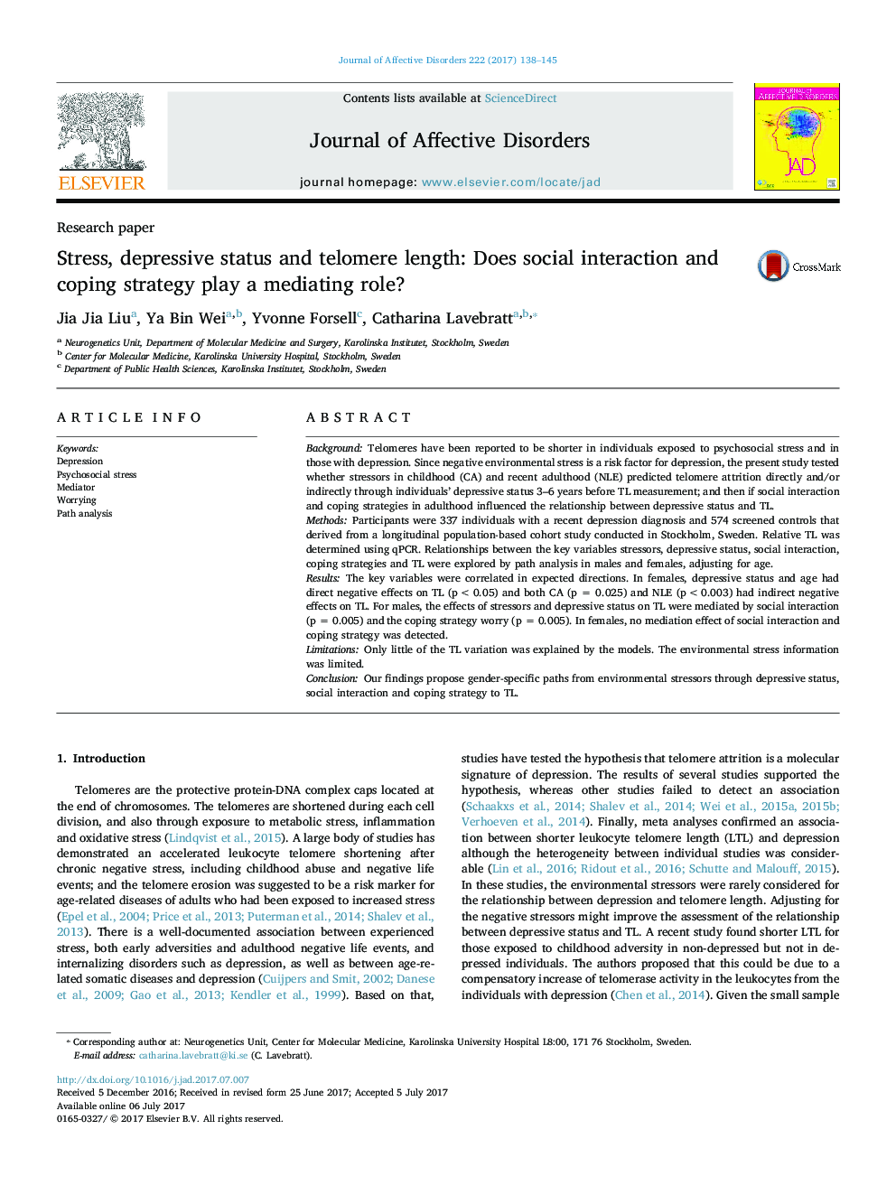 Research paperStress, depressive status and telomere length: Does social interaction and coping strategy play a mediating role?