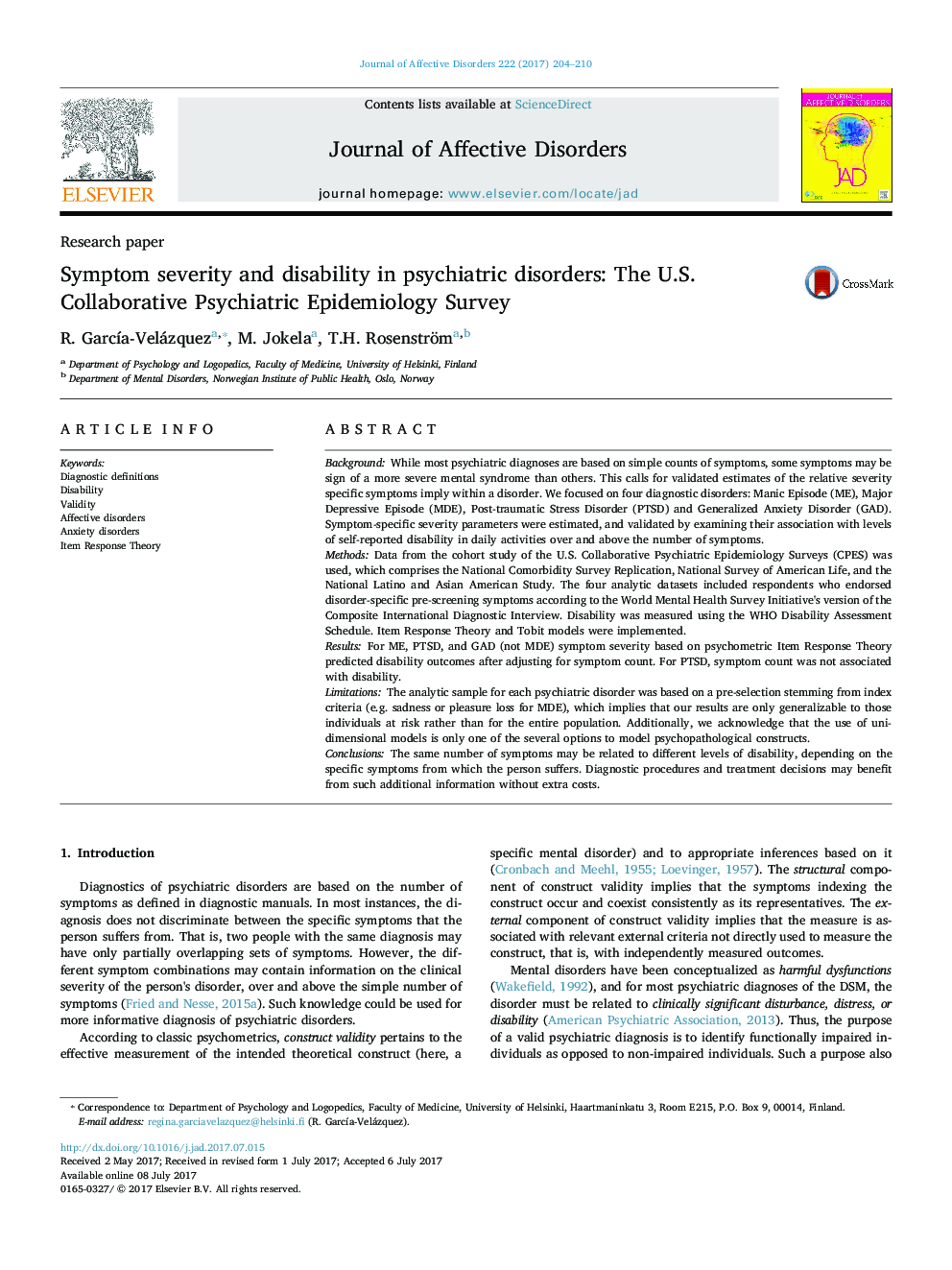 Research paperSymptom severity and disability in psychiatric disorders: The U.S. Collaborative Psychiatric Epidemiology Survey