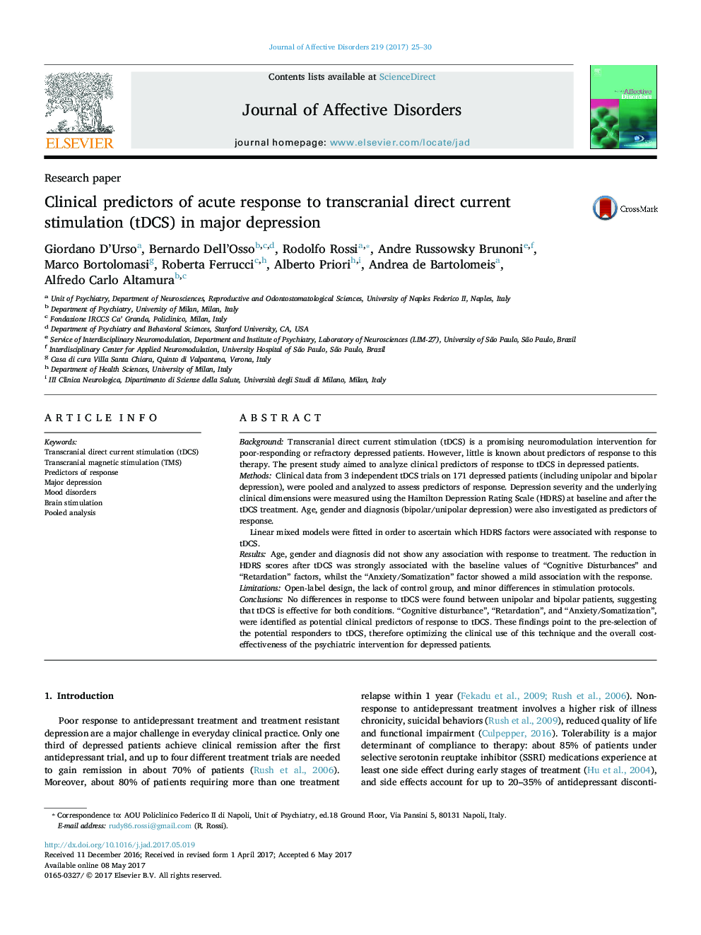 Research paperClinical predictors of acute response to transcranial direct current stimulation (tDCS) in major depression