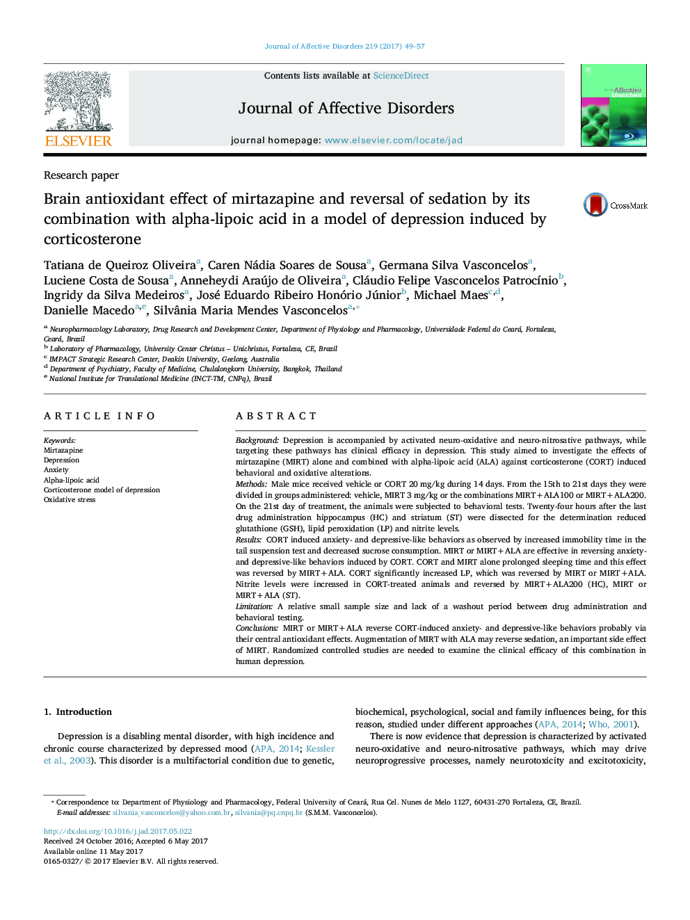 Research paperBrain antioxidant effect of mirtazapine and reversal of sedation by its combination with alpha-lipoic acid in a model of depression induced by corticosterone