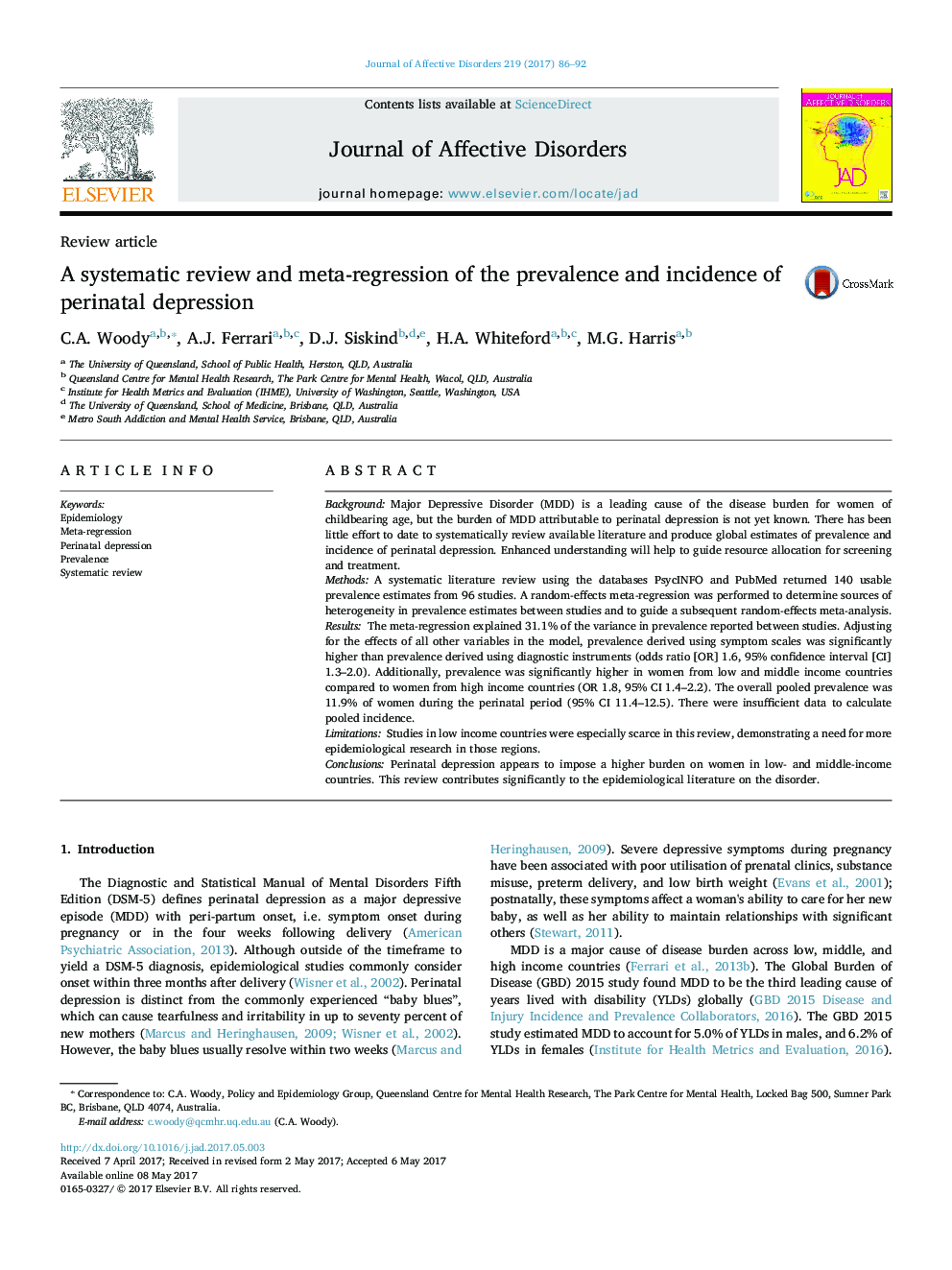 Review articleA systematic review and meta-regression of the prevalence and incidence of perinatal depression