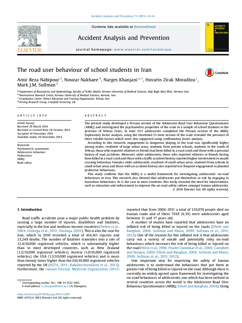 The road user behaviour of school students in Iran