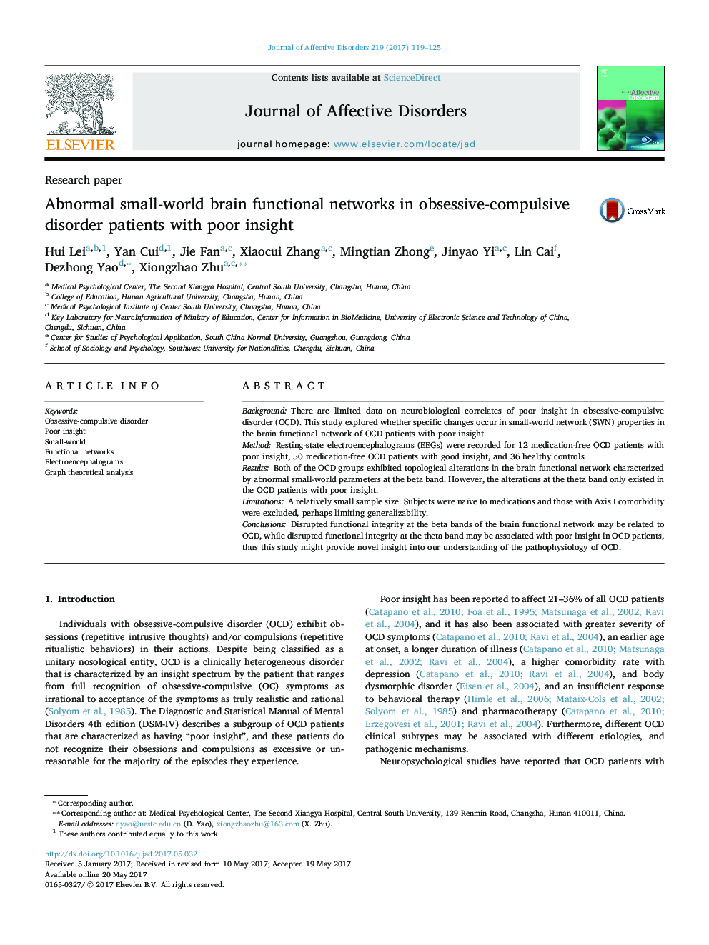 Research paperAbnormal small-world brain functional networks in obsessive-compulsive disorder patients with poor insight