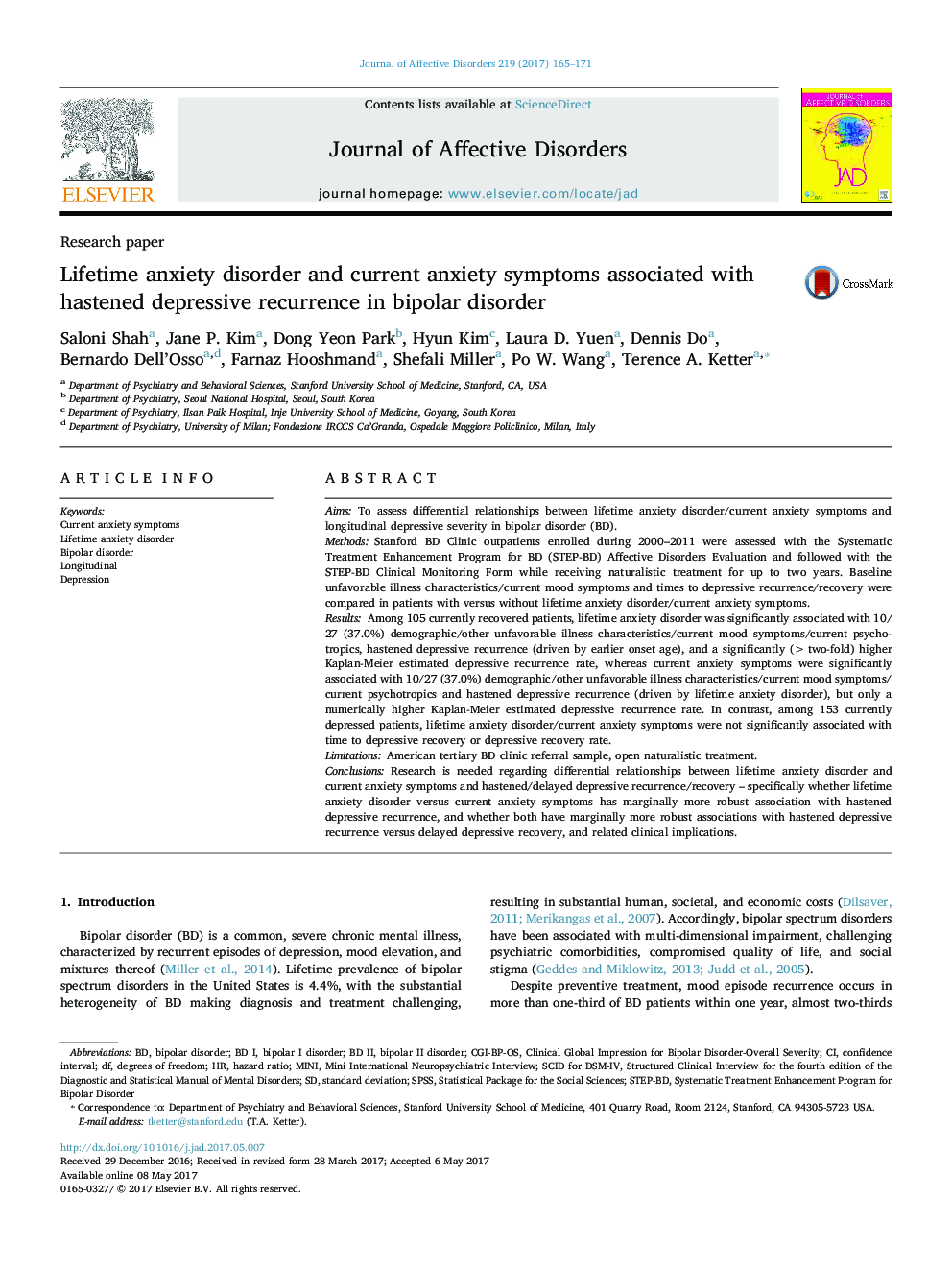 Research paperLifetime anxiety disorder and current anxiety symptoms associated with hastened depressive recurrence in bipolar disorder