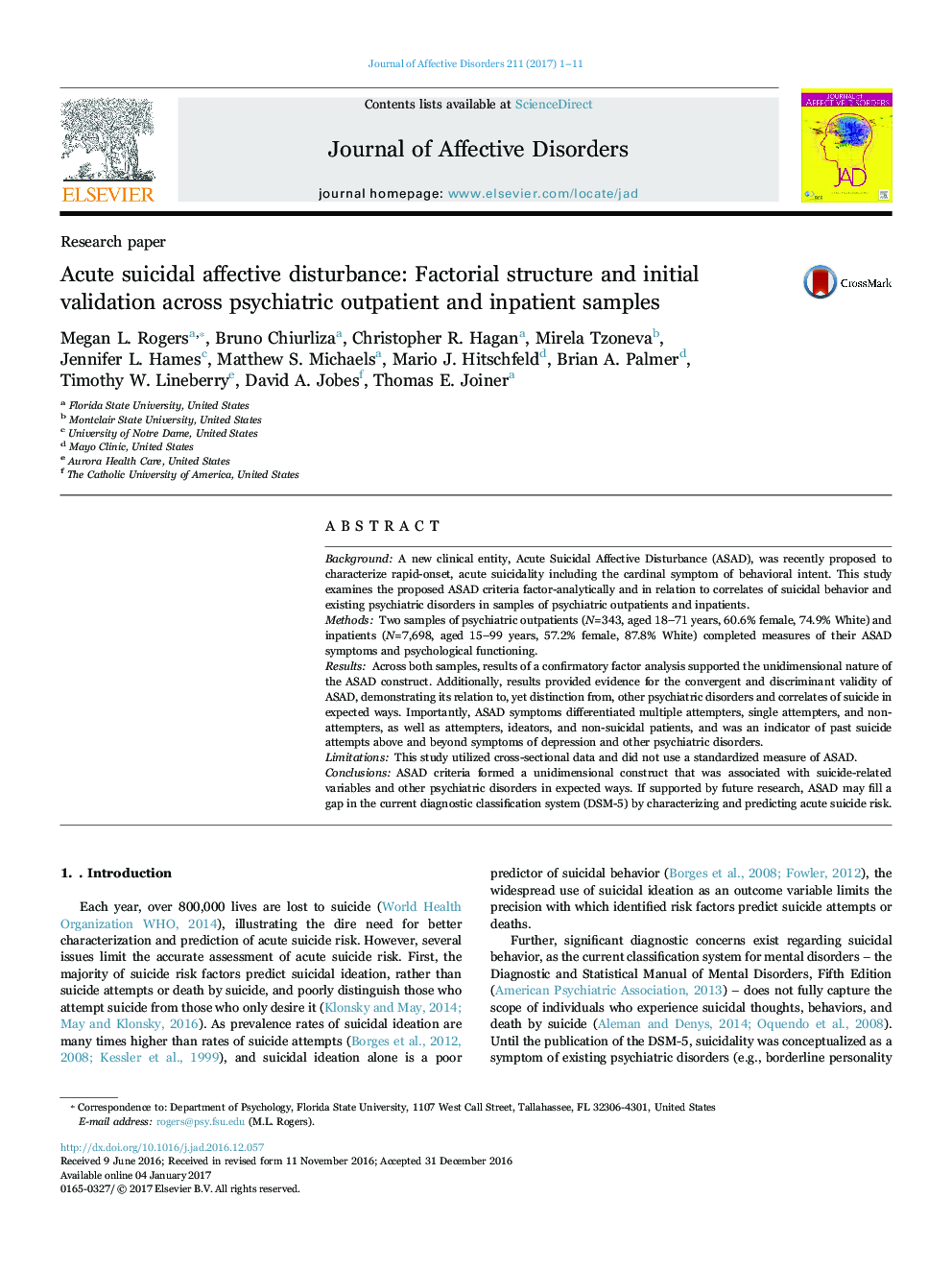 Research paperAcute suicidal affective disturbance: Factorial structure and initial validation across psychiatric outpatient and inpatient samples